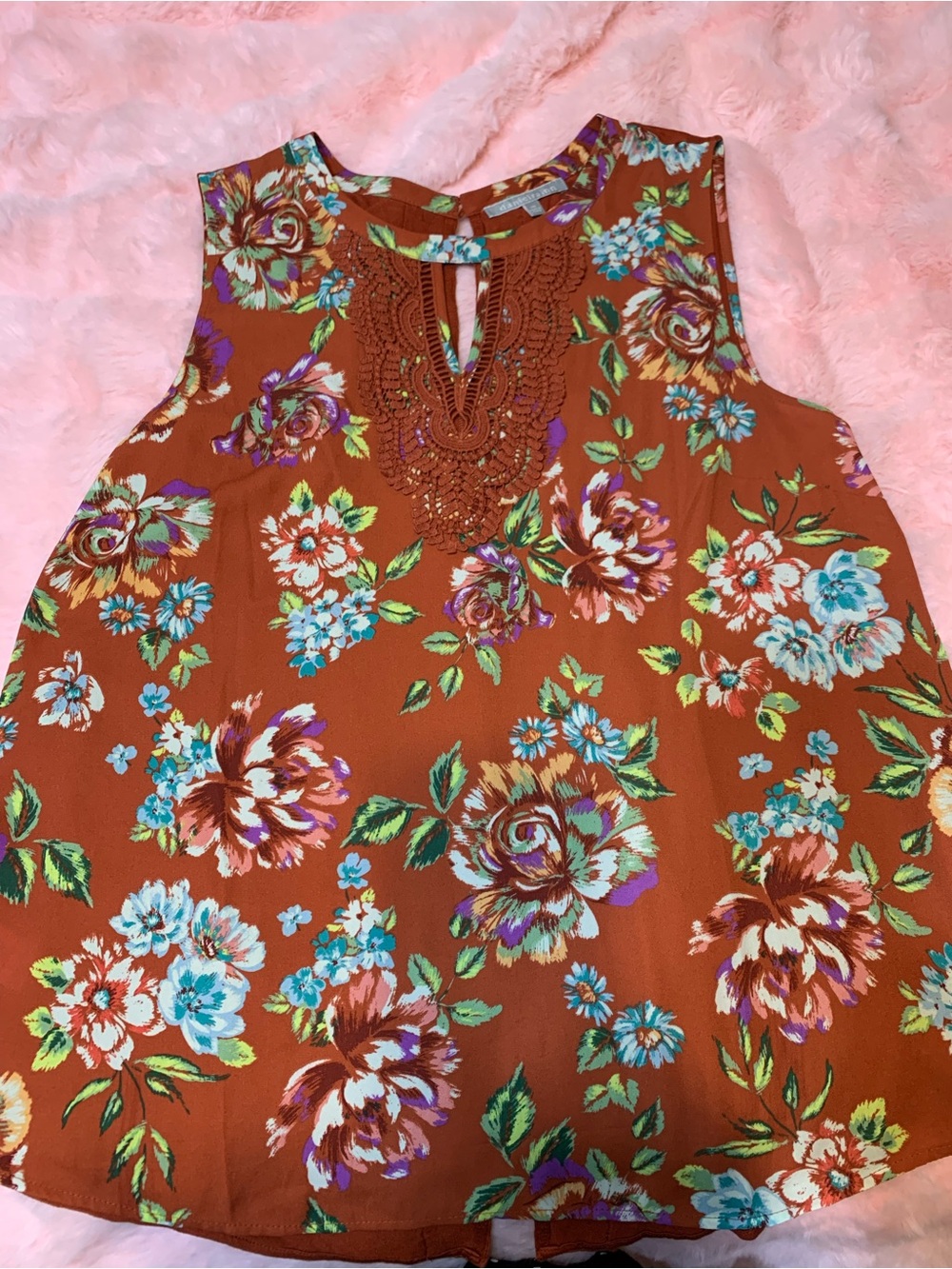 Daniel Rainn Rust Floral Crochet-Trim Sleeveless Tank